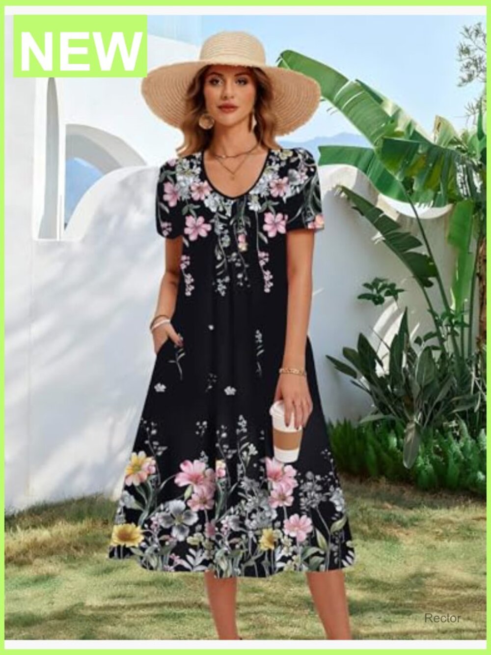 Women's Floral Midi Sundress with Pockets V Neck Short Sleeve Pleated A-Line - Picture 5 of 7